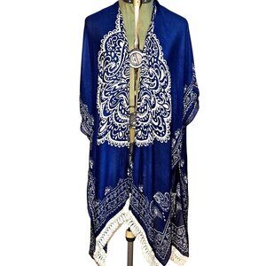 Woman's Woven Heart kimono boho medallion print fringe accent blue cover up S1